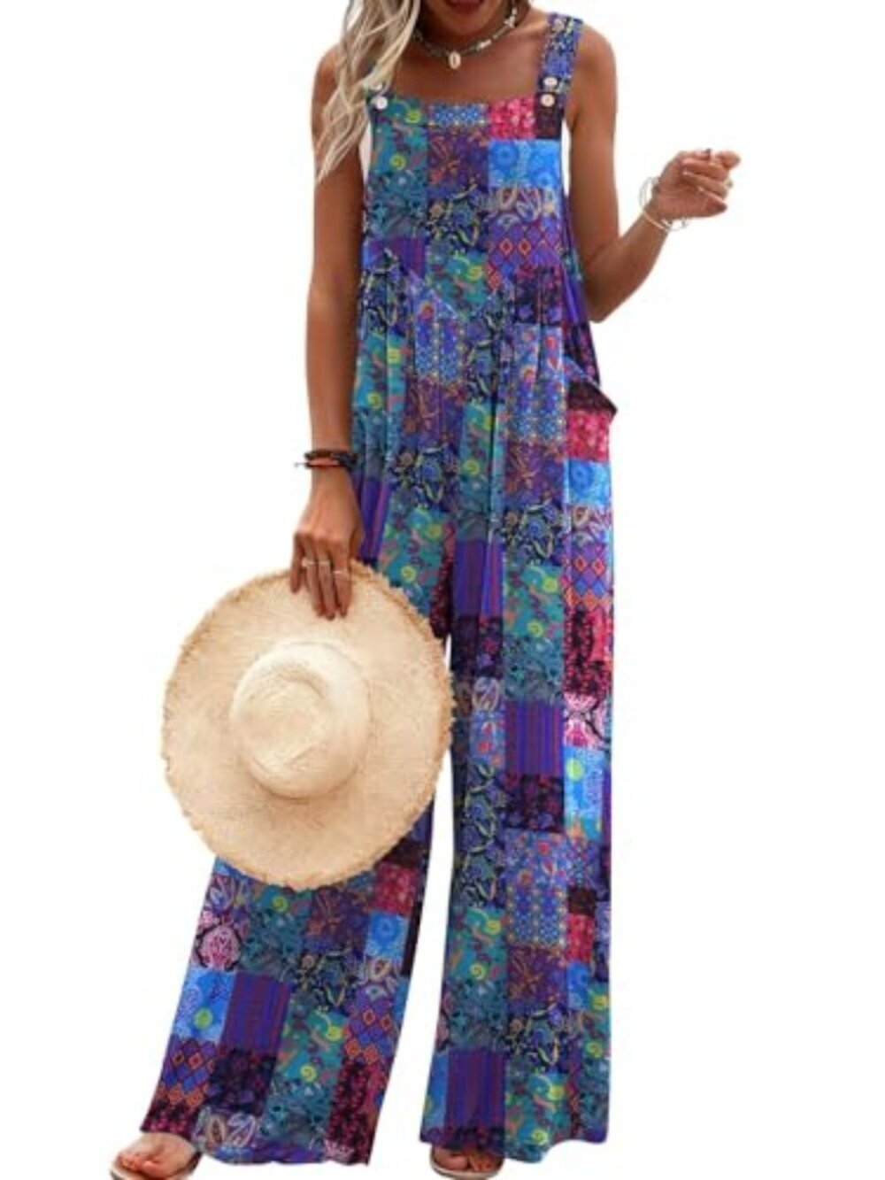 🆕 Womens Casual Overalls Boho Floral Loose Wide Leg - A Blue Boho Print